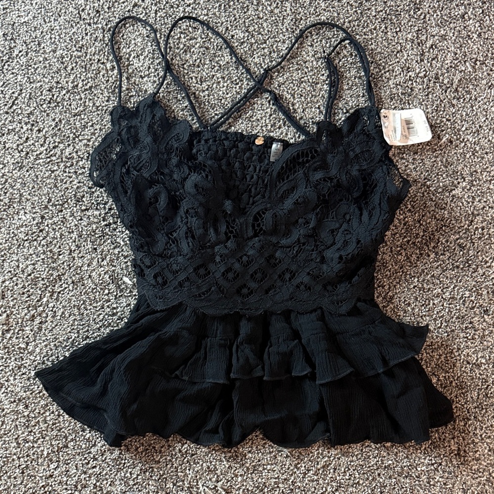 Free People Adella Cami Black Lace Peplum Tank Top Intimates Size Medium